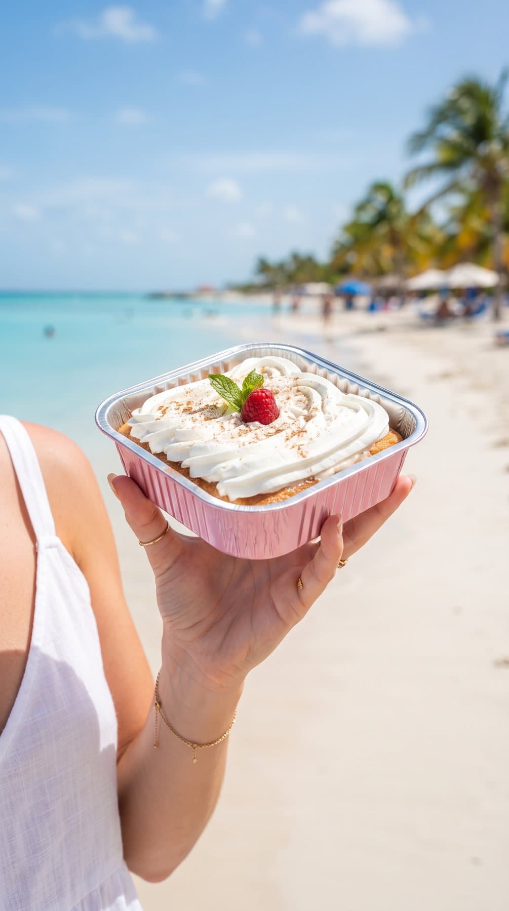 A tres leches tray held against white sand and turquoise water.